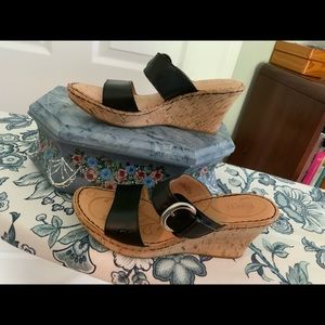 Born Leather Black Cork Wedge Open Toe Buckle Strap Sandal